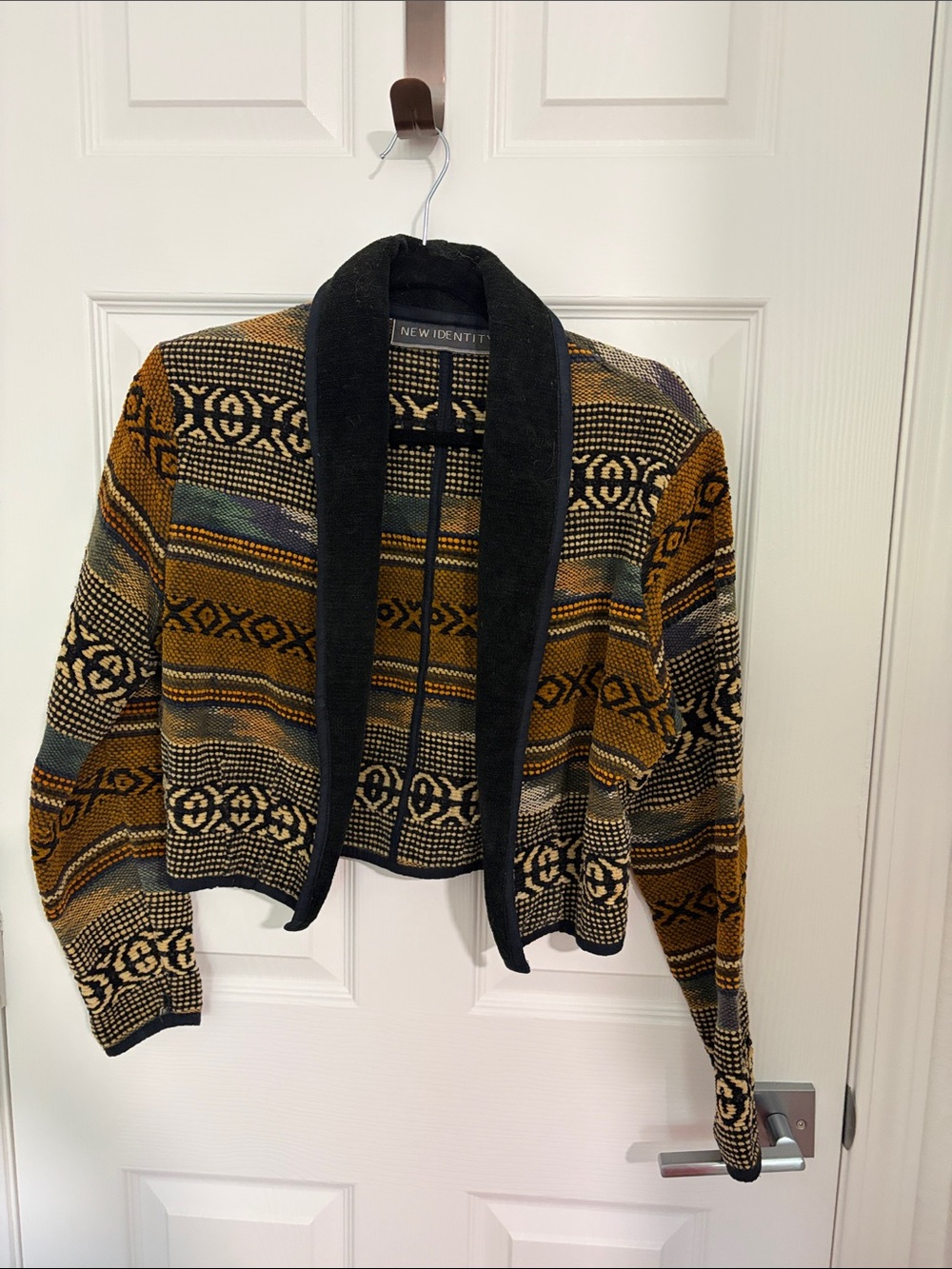 Patterned Cropped Shawl Cardigan - Mustard Multi